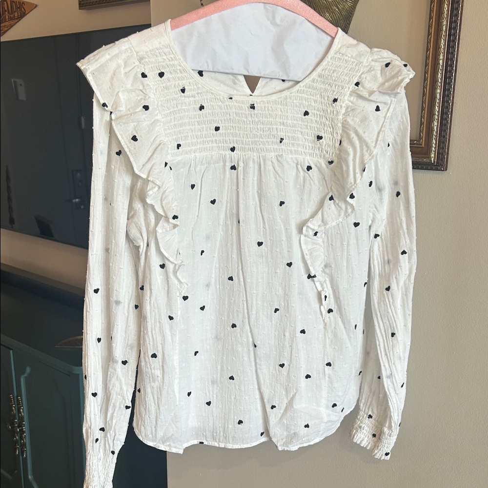 LOFT Ivory Heart Print Ruffle Blouse
